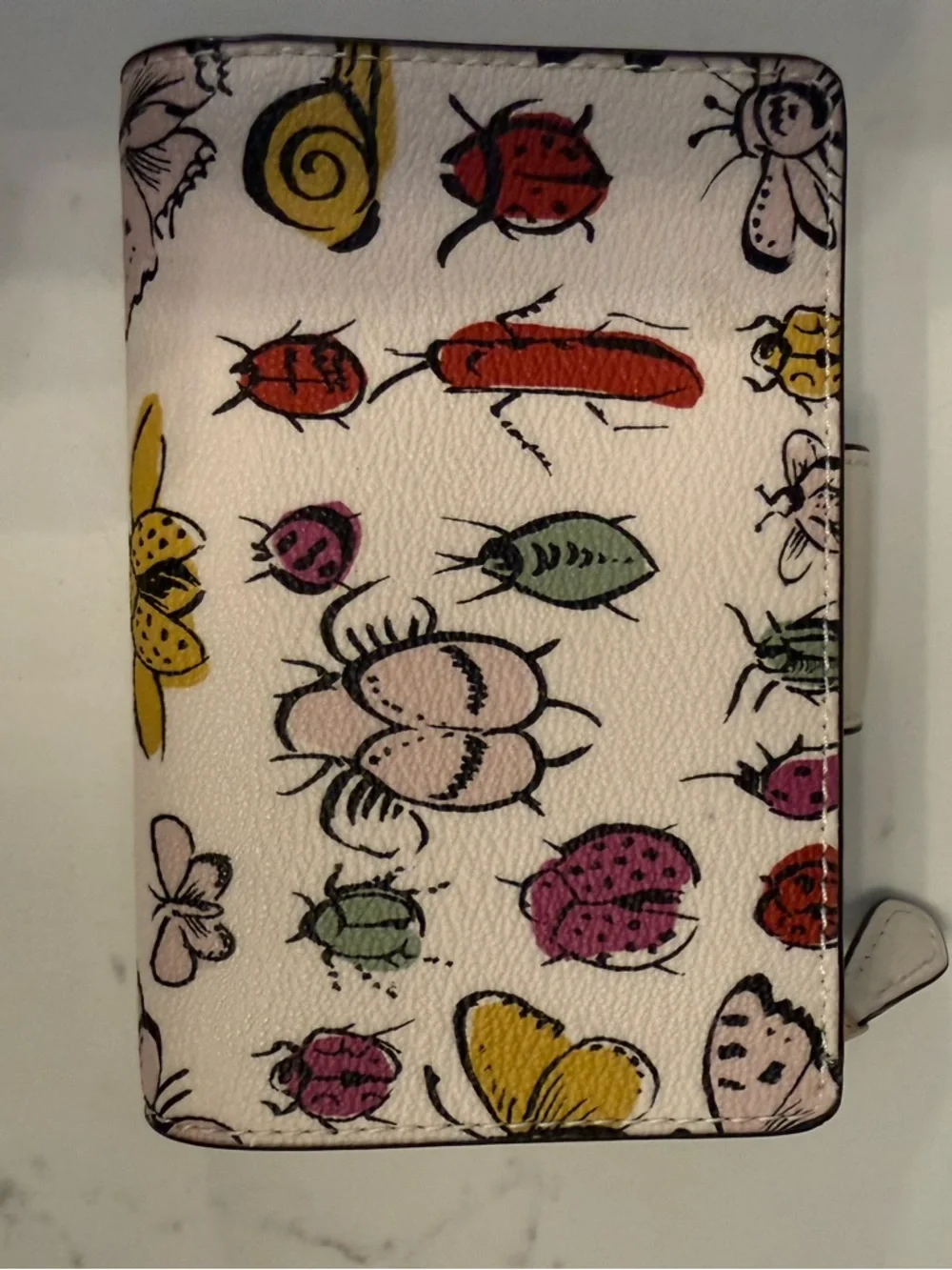 Coach Cream Leather Wallet with Pink, Yellow & Green Bug Creature Print - Picture 2 of 4